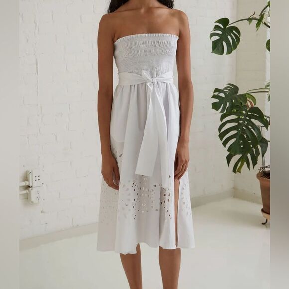 Thakoon Collective Eyelet Tie Waist Dress White Strapless Cotton Sz 0 - Picture 4 of 13